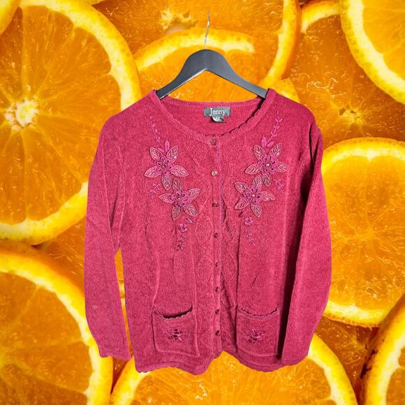 Jenny Red Acrylic Blend Floral Beaded‎ Embroidered Button-Up Cardigan Size L - Picture 1 of 6